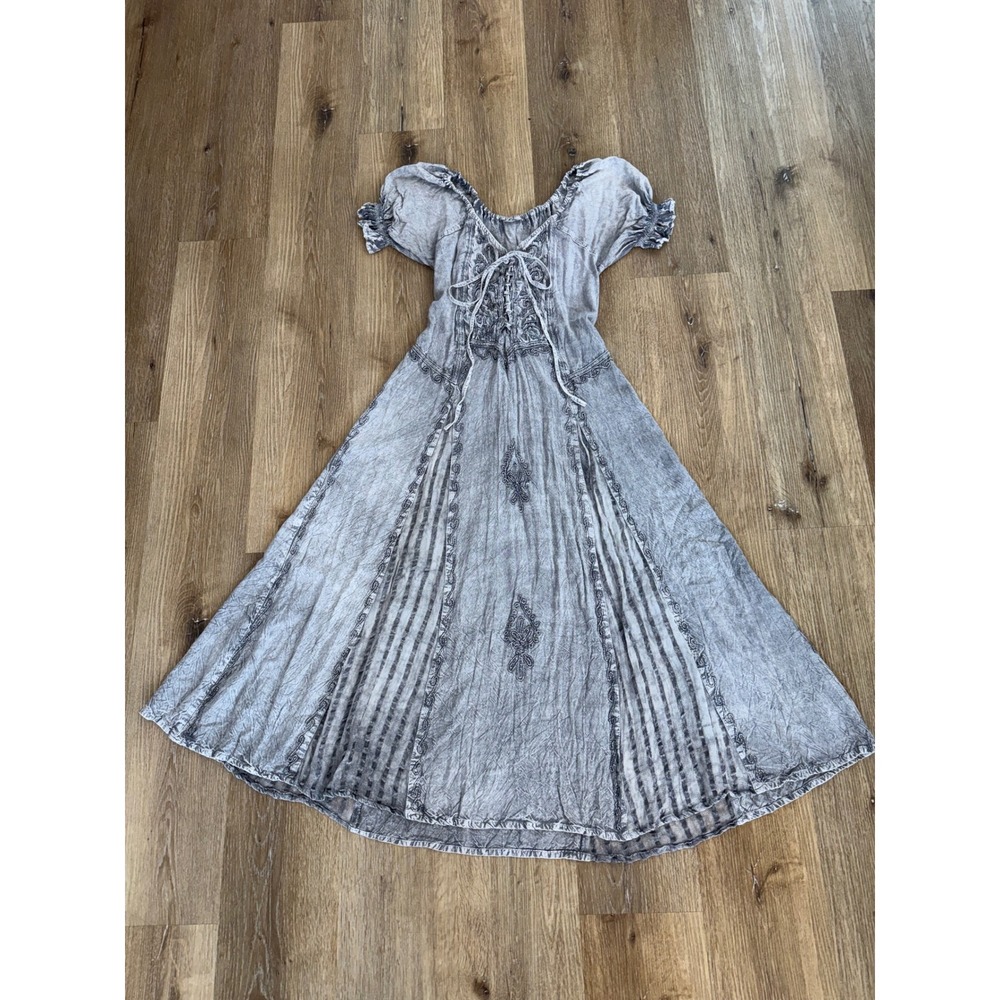 Whimsygoth Renaissance Peasant Dress Women S Grey Boho Embroidered Midi Lace-Up
